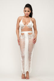 All Over Fringe Back Tie Bra Top And Skirt Set