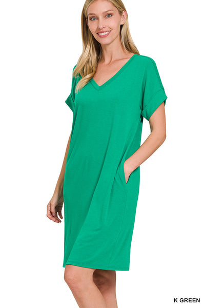 Back to Basics Rolled Short Sleeve V-Neck Dress