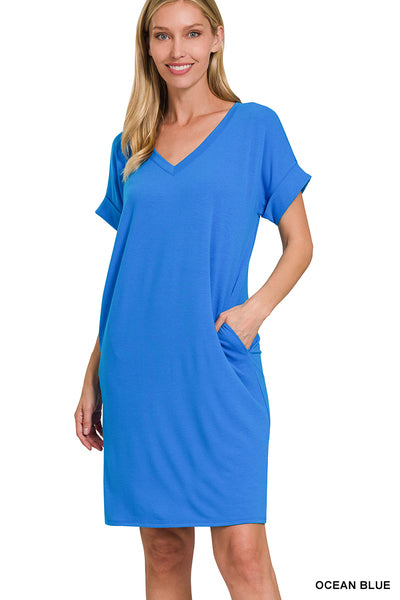 Back to Basics Rolled Short Sleeve V-Neck Dress