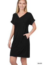 Back to Basics Rolled Short Sleeve V-Neck Dress