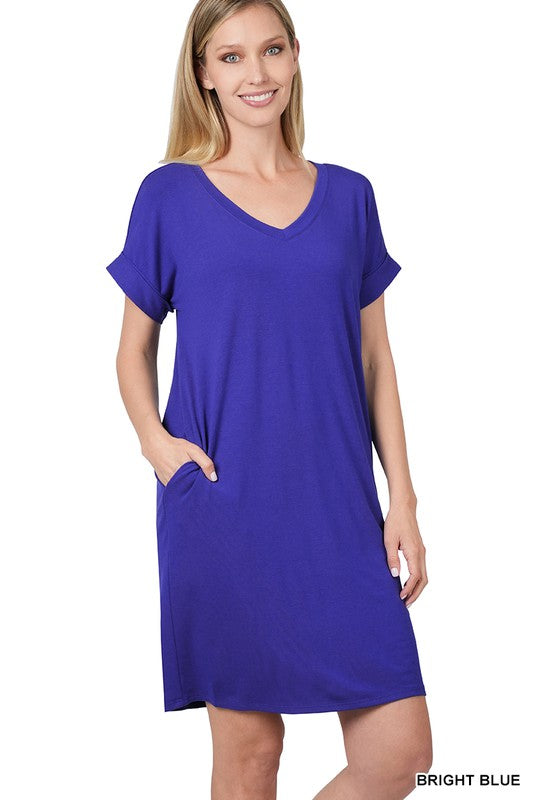 Back to Basics Rolled Short Sleeve V-Neck Dress